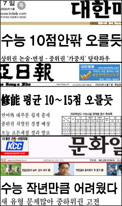 일간지들의 '수능 점수 10~20점 오른다'는 1면 머리기사. 석간신문인 <문화일보>를 제외한 모든 주요일간지가 수능 점수 상승을 예측했다. 